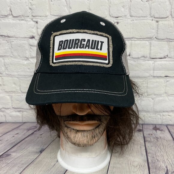 Trucker Hat Mesh Cap Strap Back Black Gray One Size Fits All BOURGAULT Patch - Picture 1 of 8